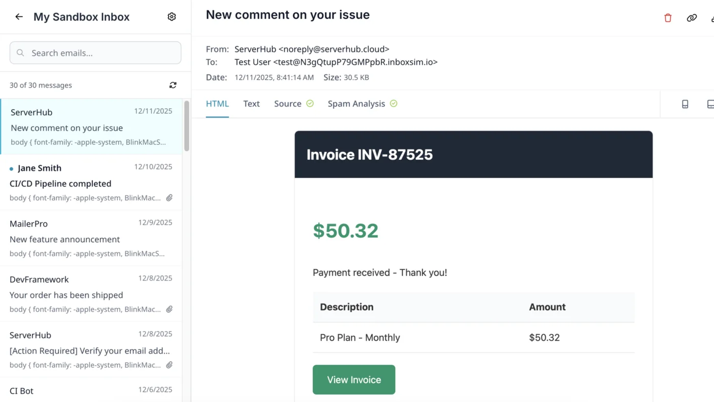 All test emails safely captured in isolated inbox